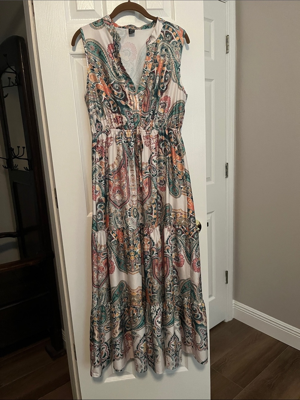 SHEIN White Maxi Dress with Teal, Coral and Mustard Paisley Print